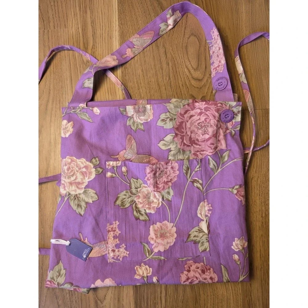 April Cornell Eden Roses Lilacs Butterflies Chef 100% Cotton Apron Purple Pink